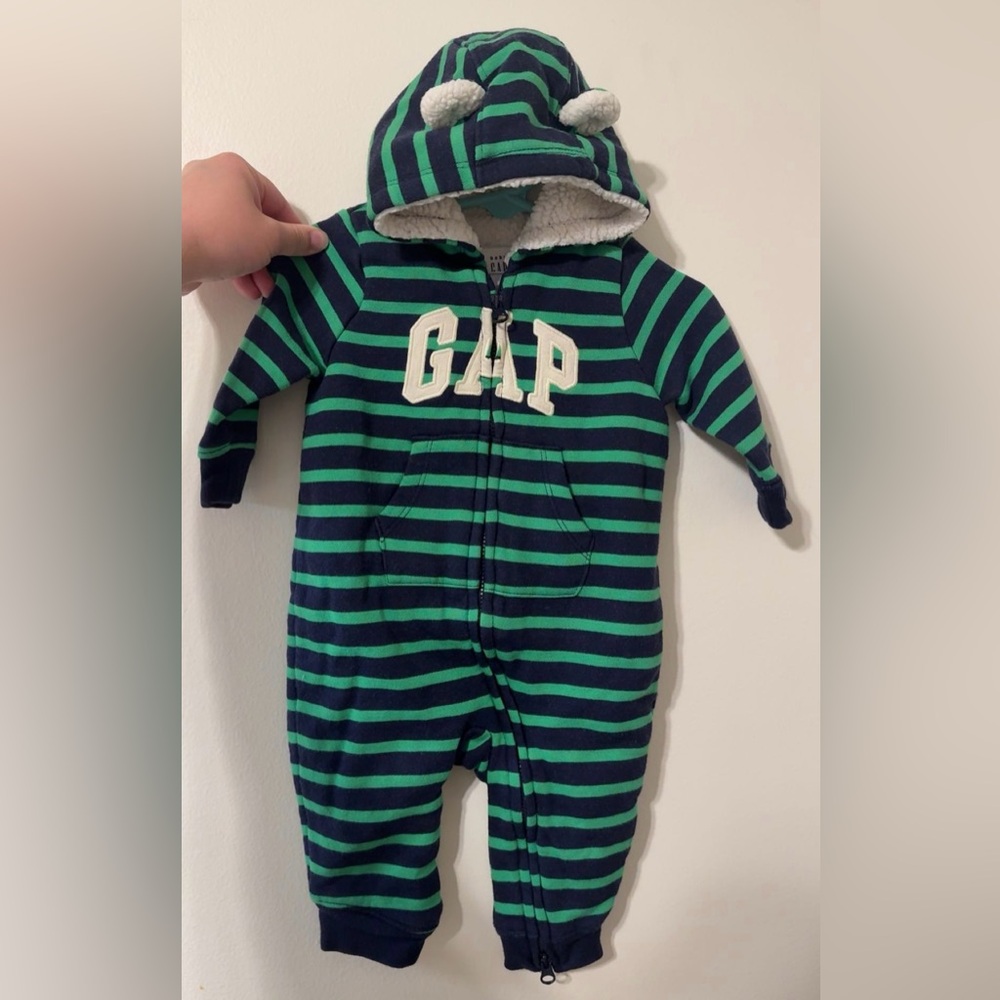 Baby GAP 3-6 Months Sherpa Full Zip Bear One Piece Boys Green & Black Stripes